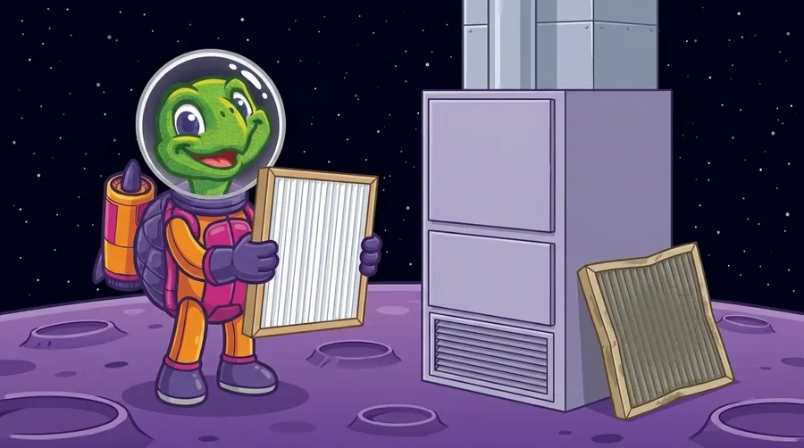 Cartoon astronaut turtle on a purple planet carries a clean white air filter, while an old, dusty gray filter leans against an air handler cabinet.