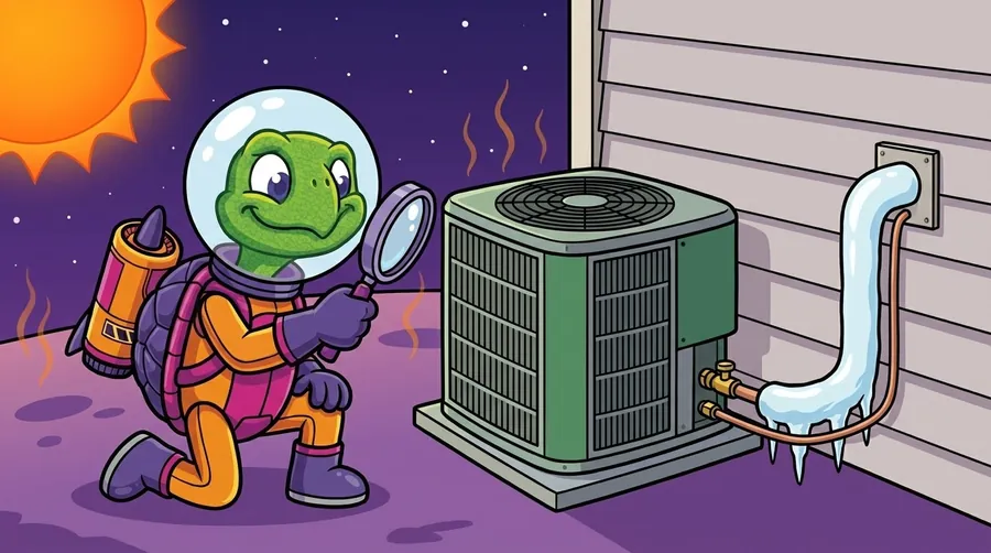 Cartoon astronaut turtle with a magnifying glass kneels beside an outdoor AC unit whose ice-covered pipe, hung with icicles, runs into the house wall under a blazing sun