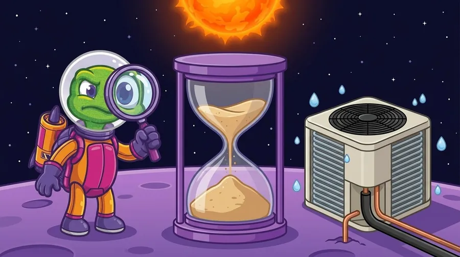 Cartoon astronaut turtle with a magnifying glass studies a giant hourglass of falling sand beside an outdoor AC unit under a blazing sun, with water droplets in the air