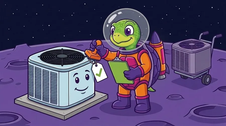 Cartoon astronaut turtle holding a green clipboard and an orange rubber stamp beside a smiling pale blue outdoor AC unit with a white tag showing a green check mark, while a gray AC unit sits on a hand truck behind them on a purple planet.