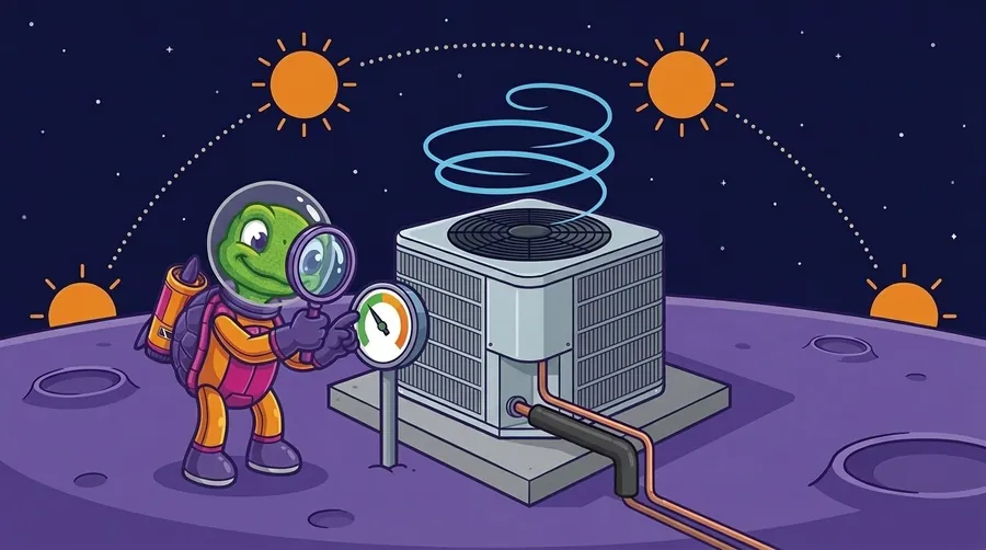 Cartoon astronaut turtle with a magnifying glass checks a gauge whose needle sits in the green, beside an outdoor AC unit with a blue swirl rising from its fan, as four suns arc across a starry sky