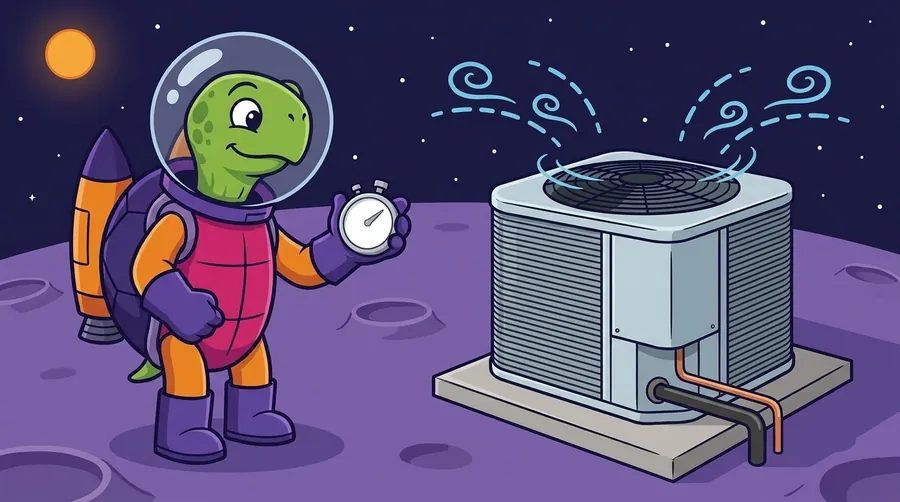 Cartoon astronaut turtle holding up a stopwatch beside an outdoor AC unit on a purple planet, with broken, dashed swirls of air rising from its fan