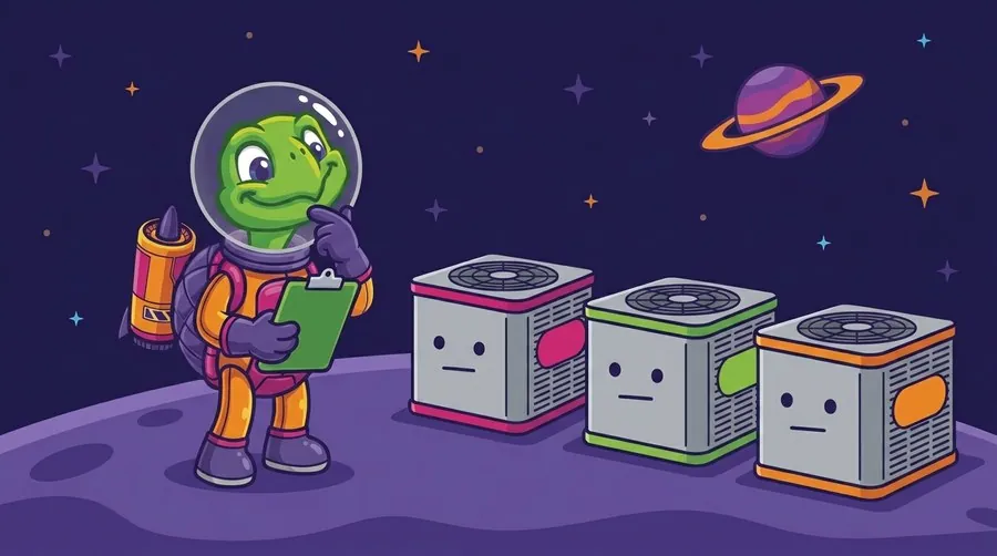 Cartoon astronaut turtle mascot with a clipboard sizing up three air conditioners lined up side by side