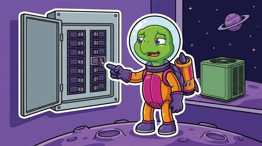 Cartoon astronaut turtle mascot standing beside an open grey breaker panel, pointing at the one breaker switch sitting out of line with the rest, with a green outdoor AC unit on the ground beyond the opening behind it