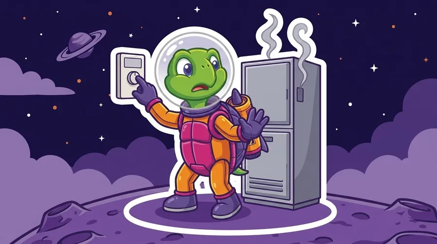 Cartoon astronaut turtle mascot reaching up to a wall thermostat with one hand and holding the other palm out, while two thin wisps of grey smoke curl from the top of a tall grey indoor air handler cabinet beside it