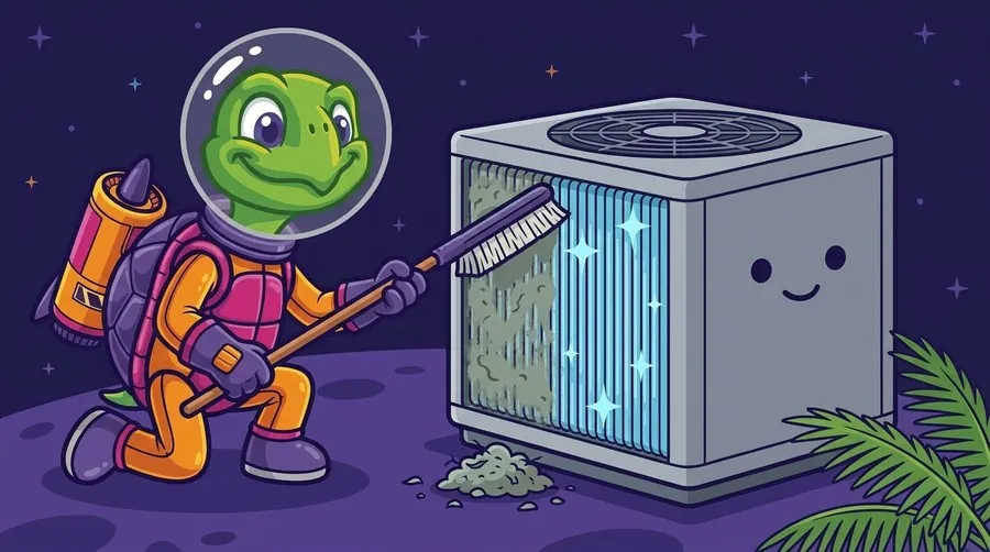 Cartoon astronaut turtle mascot brushing an air conditioner's coil fins clean, half the bank still caked with grime