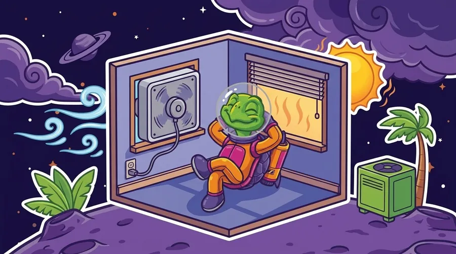 Cartoon astronaut turtle mascot resting in a shaded Florida room while a box fan set in the window pushes hot air outside, the blinds are drawn against a blazing sun, and the outdoor AC condenser sits switched off