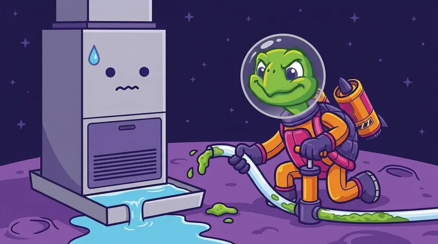 Cartoon astronaut turtle mascot flushing a green algae clog out of an AC condensate drain line as the pan overflows