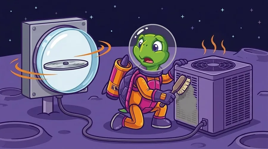 Cartoon astronaut turtle brushing gray dust off the side of an outdoor AC unit while orange motion lines circle the spinning disc of a nearby electric meter