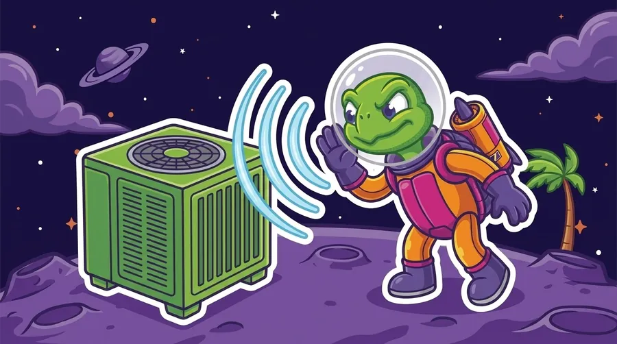 Cartoon astronaut turtle mascot leaning toward a green outdoor AC condenser with one hand raised beside its helmet, listening, as three blue sound-wave arcs radiate from the unit toward it
