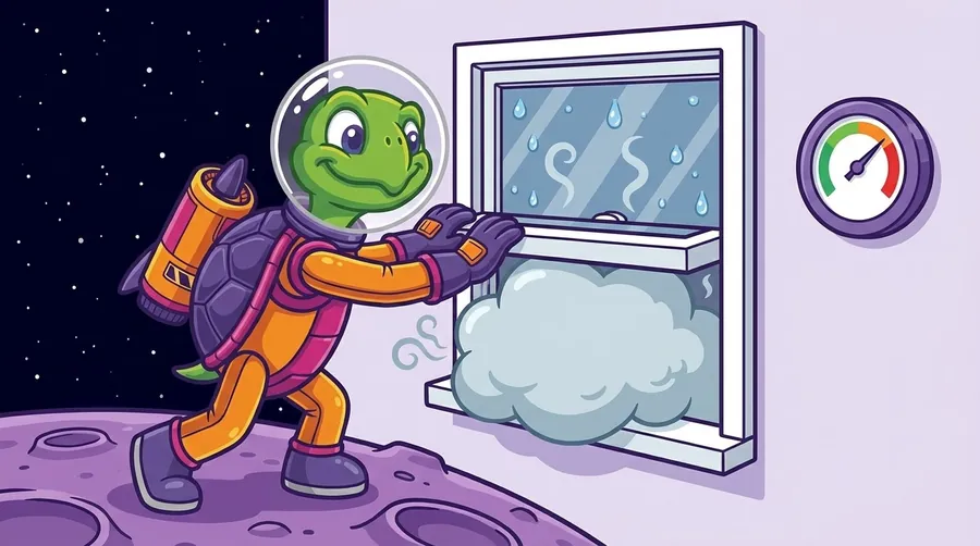 Cartoon astronaut turtle presses both gloved hands against a white window sash while a puffy gray cloud squeezes through the open gap beneath it, with water droplets on the glass and a round wall gauge beside the window whose needle points toward the red, on a purple planet under a starry sky.