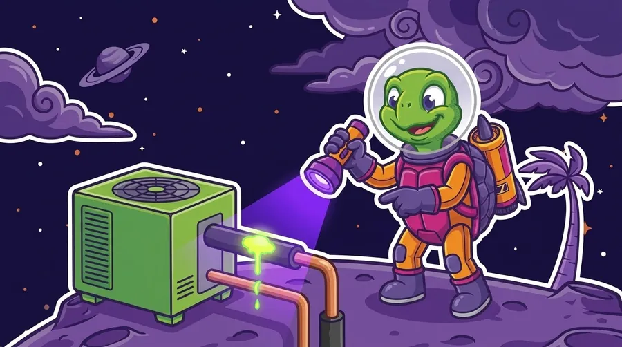 Cartoon astronaut turtle shining a handheld UV lamp on the refrigerant lines of a green outdoor AC unit, where a glowing yellow-green blob of leak detection dye drips from the insulated line
