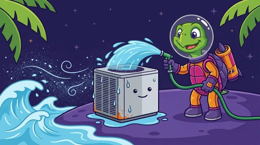Cartoon astronaut turtle mascot rinsing salt spray off a coastal air conditioner with a hose as ocean waves roll in