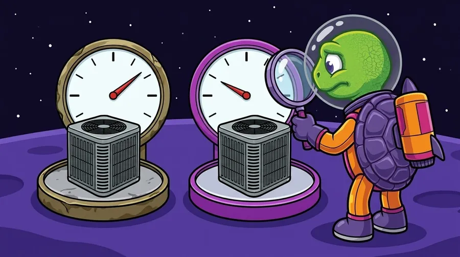 Cartoon astronaut turtle on a purple planet peers through a magnifying glass at two identical outdoor AC units sitting on two dial scales, an old brass one and a new purple one, whose needles point to different readings.