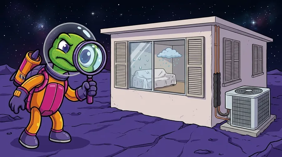 Cartoon astronaut turtle peers through a magnifying glass at the one open window of a shuttered house, where a small gray rain cloud drips over a sheet-covered sofa and water beads on the glass, beside an outdoor AC unit