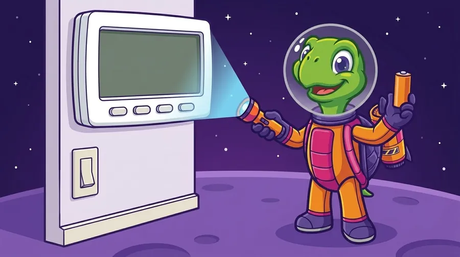 Cartoon astronaut turtle shines a flashlight on a wall thermostat with a blank screen while holding up a battery on a purple planet