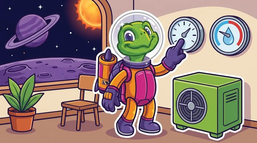 Cartoon astronaut turtle indoors touching a round wall thermostat, next to a second gauge marked with a water droplet whose needle rests in the blue low zone, with a clean green AC unit on the floor and a blazing sun over the planet outside the window