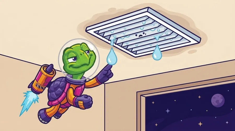 Cartoon astronaut turtle mascot hovering on his jetpack to catch a drip falling from a sweating ceiling air vent