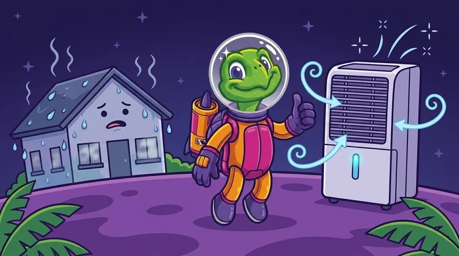 Cartoon astronaut turtle mascot giving a thumbs-up beside a whole house dehumidifier while a damp house sits behind
