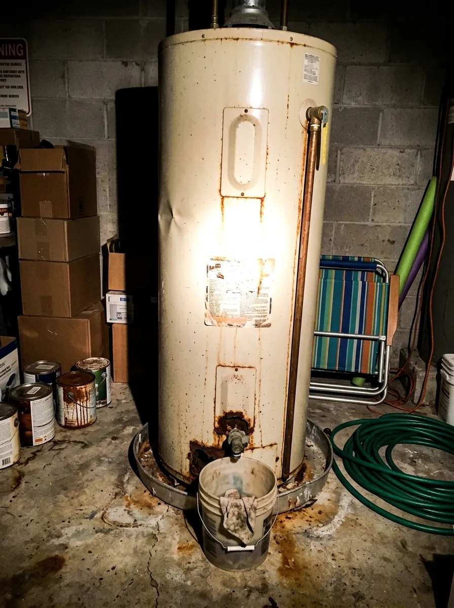 A flash photo of an old, rust-streaked tank water heater in a cluttered garage with a bucket and rag under its leaking drain valve