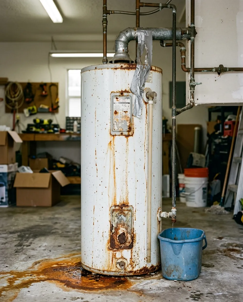 A rusted, leaking water heater in a garage with a bucket underneath catching the drip
